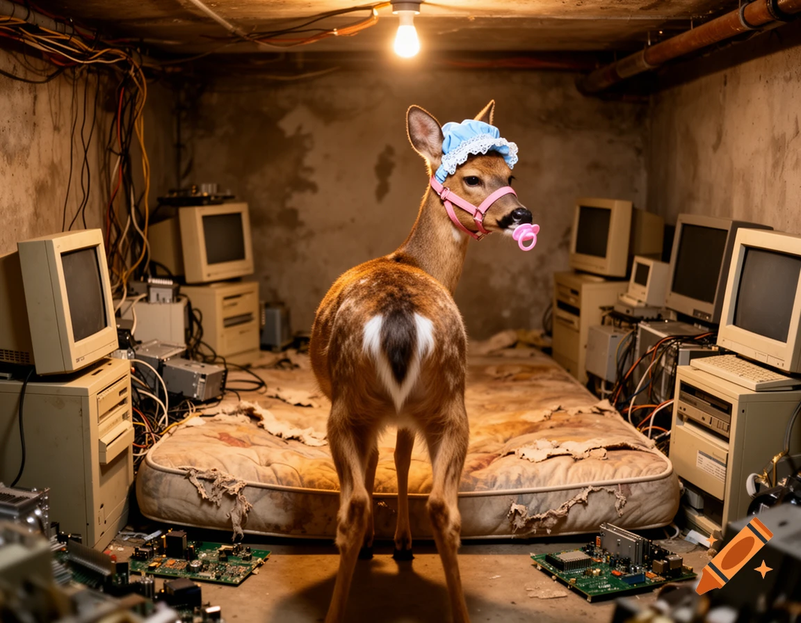Photorealistic rear view of a deer wearing a baby bonnet and pacifier in a basement filled with vintage computers, tungsten lighting.