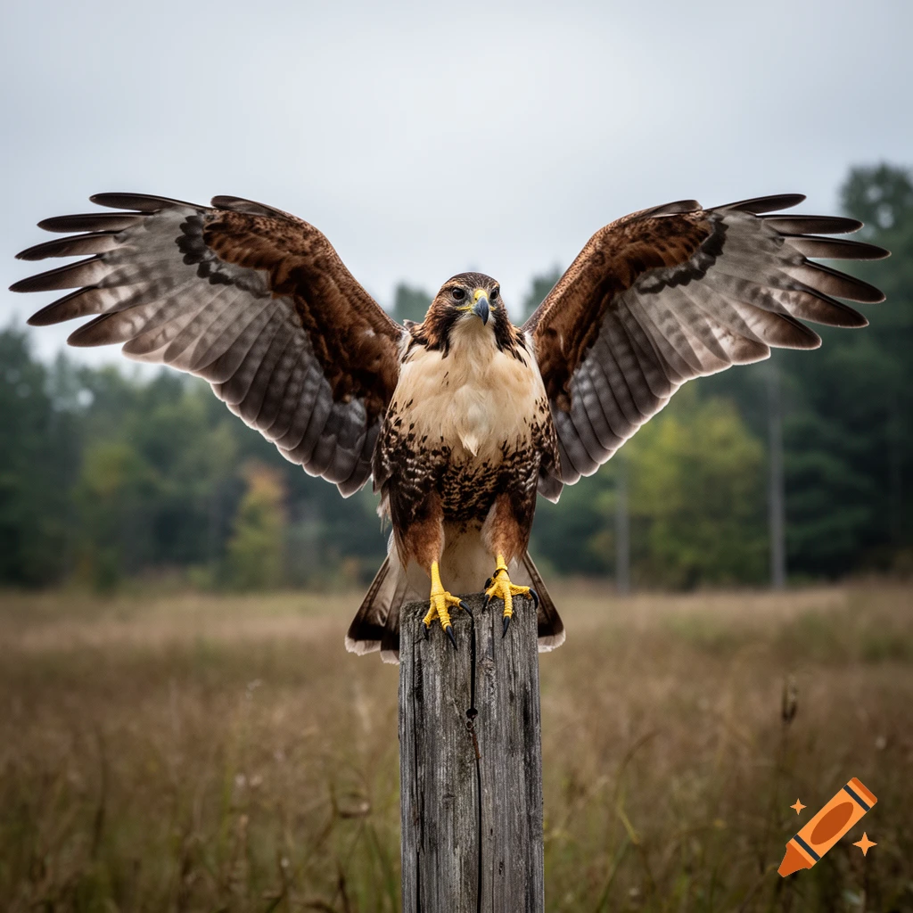 Photorealistic red-tailed hawk perched on a wooden post with its wings spread wide against an outdoor backdrop.