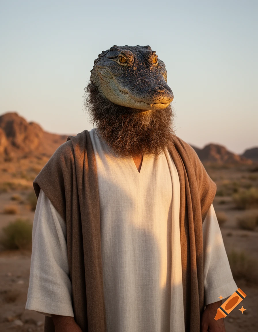 Photorealistic image of a figure wearing a white robe and brown cloak in a desert, with the head of a crocodile and a dark beard.