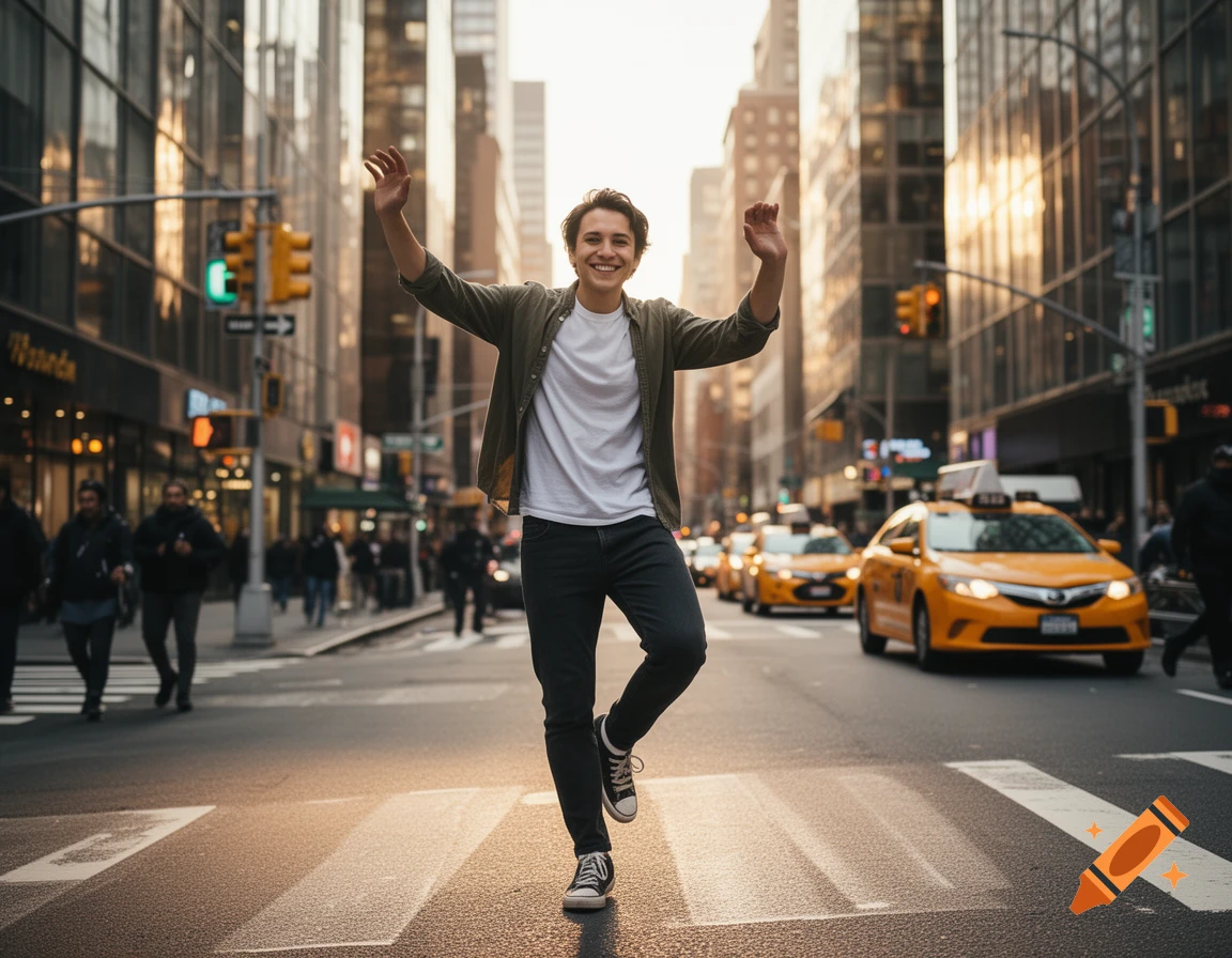 A young man smiling and balancing on one foot in the middle of a New York City street with taxis and buildings in the background.