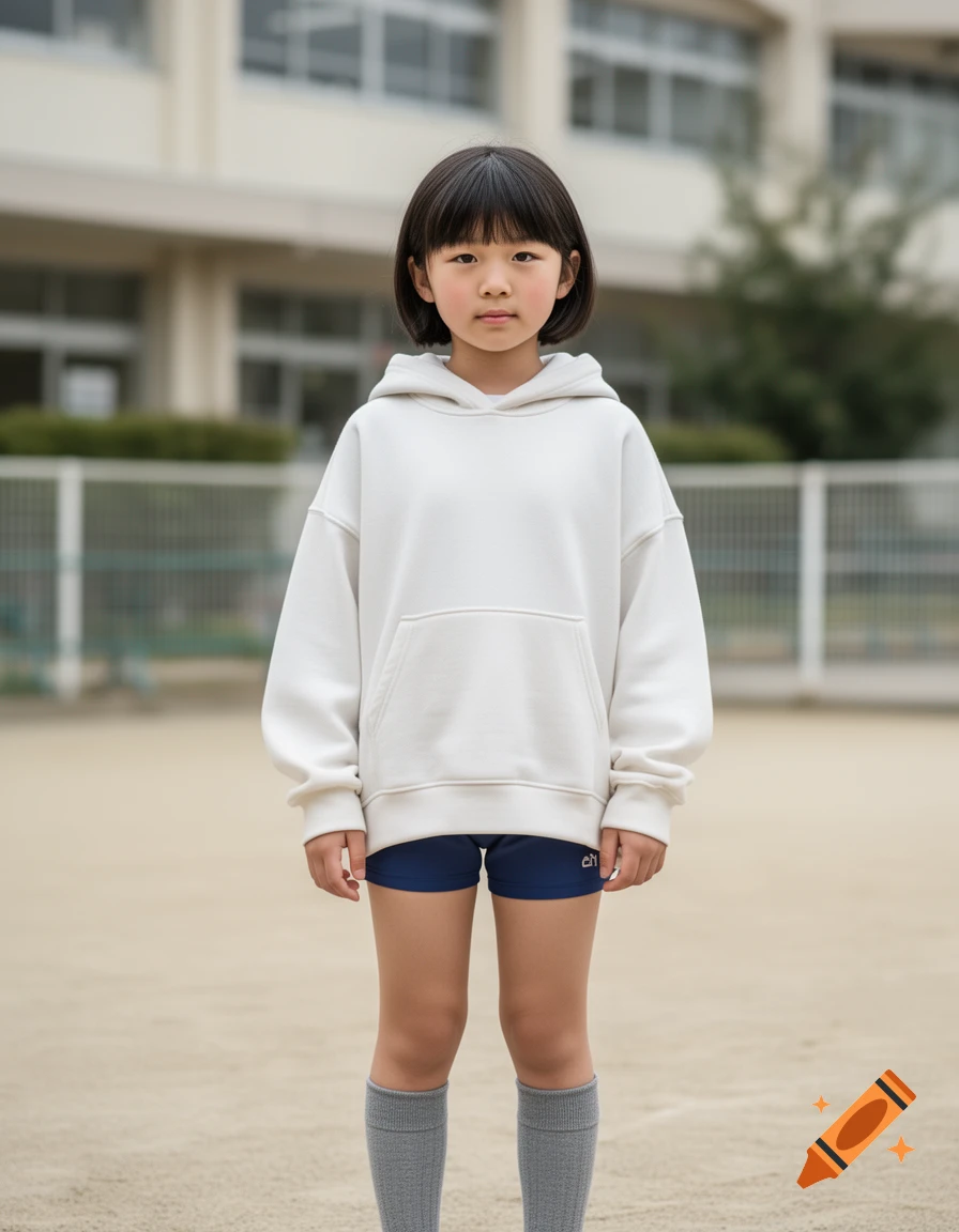 Photorealistic full-body portrait of a young Japanese girl wearing a white hoodie, blue shorts, and grey high socks outdoors.
