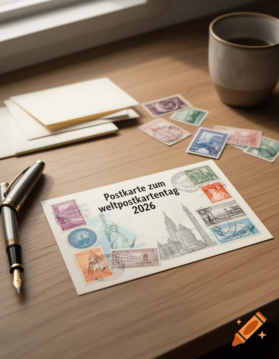 Photorealistic flat lay of a postcard featuring the text Postkarte zum weltpostkartentag 2026, stamps, an envelope, and a pen on a wooden desk.