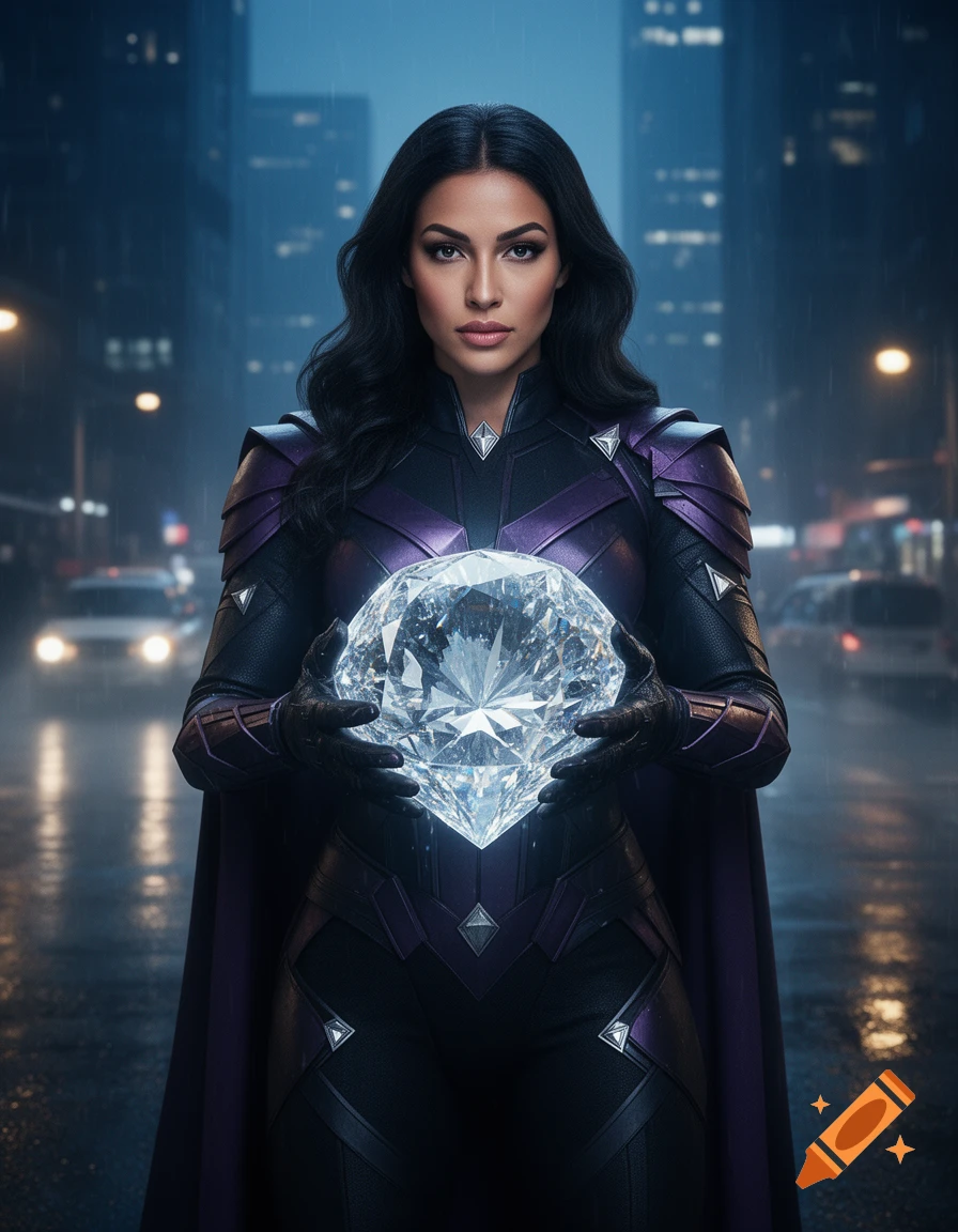 Photorealistic portrait of a female superhero villain in a dark purple and black suit holding a large glowing diamond in a rainy city street at night.