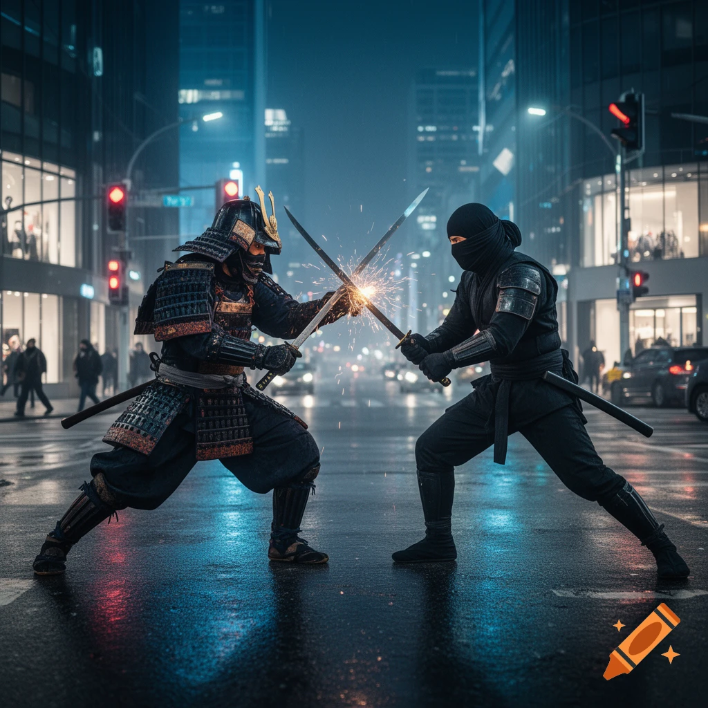 A photorealistic action shot of a samurai and a ninja fighting with swords on a wet city street at night.