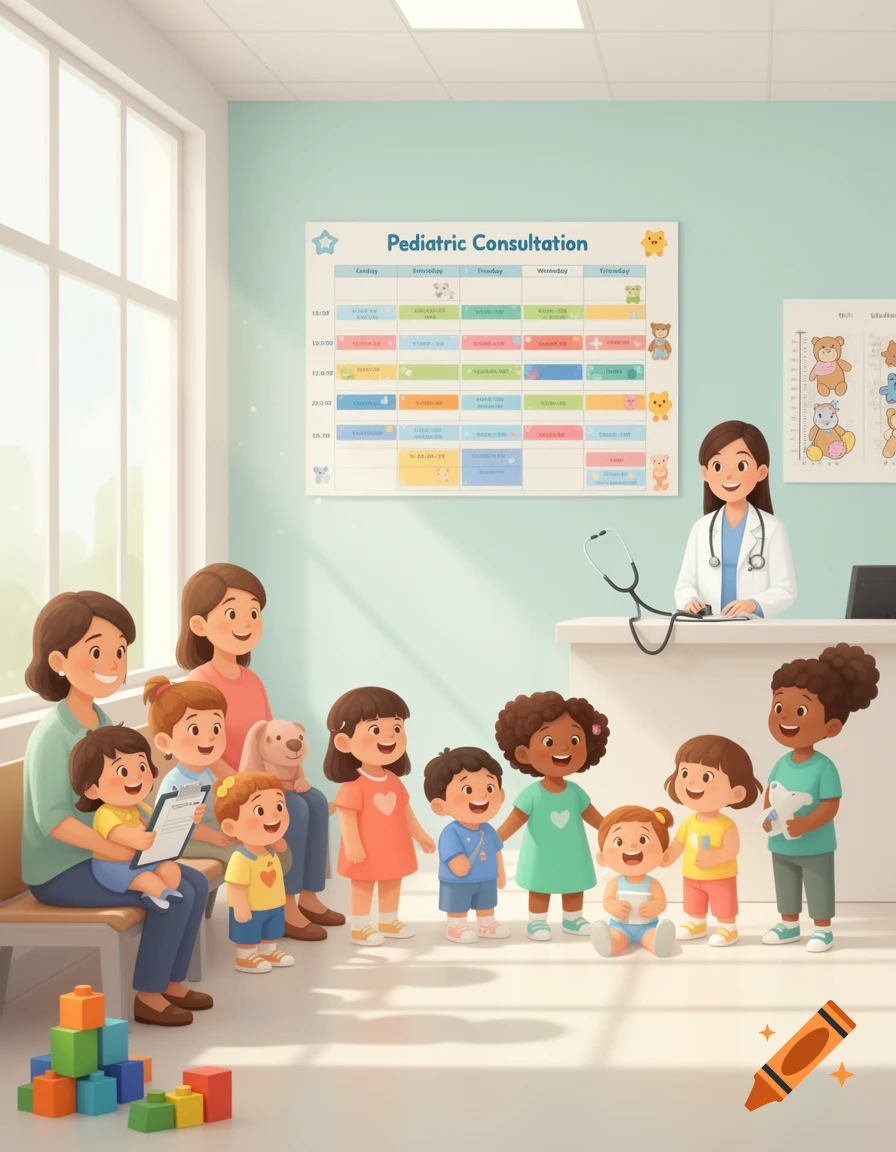 Digital illustration of a pediatric consultation waiting room with a receptionist, mothers, and children.