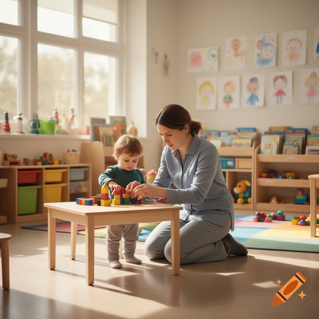 A woman and a toddler playing with colorful building blocks in a bright daycare room, photorealistic.