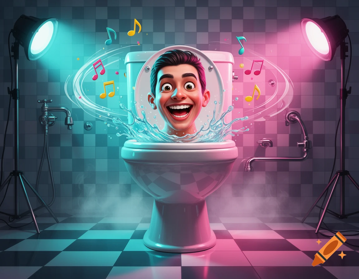 3D digital illustration of a smiling man's head emerging from inside a white toilet bowl, set in a tiled bathroom with studio lighting and musical notes floating around.