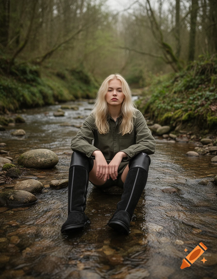 Photorealistic portrait of a young blonde woman sitting in a shallow forest stream, wearing an olive shirt and tall black boots.