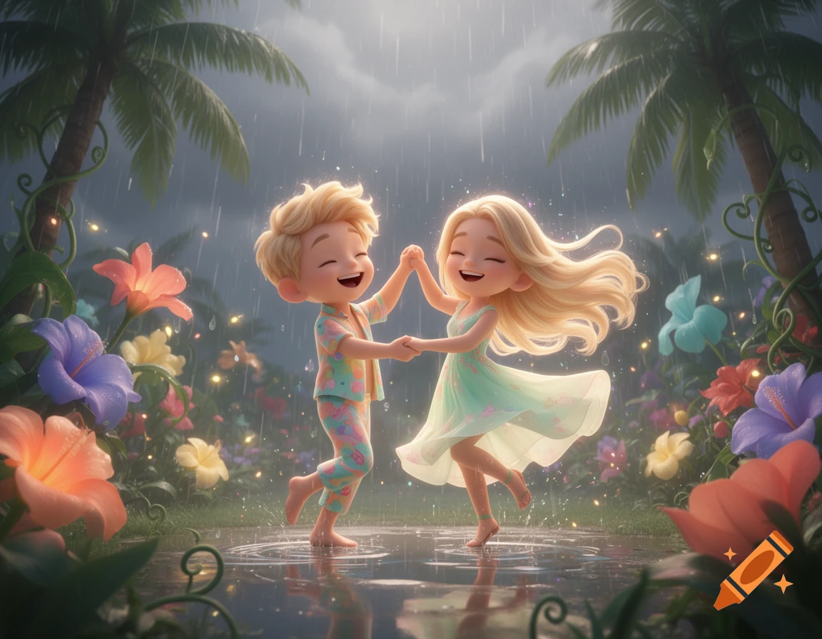 Cartoon Pixar style image of a blond man and a blonde woman dancing with joy in a tropical garden in pouring rain.
