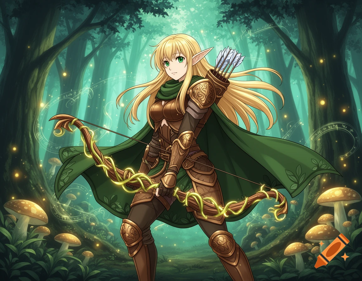 Anime style illustration of a female elf ranger with blonde hair and green eyes, wearing armor and holding a glowing bow in a magical forest.