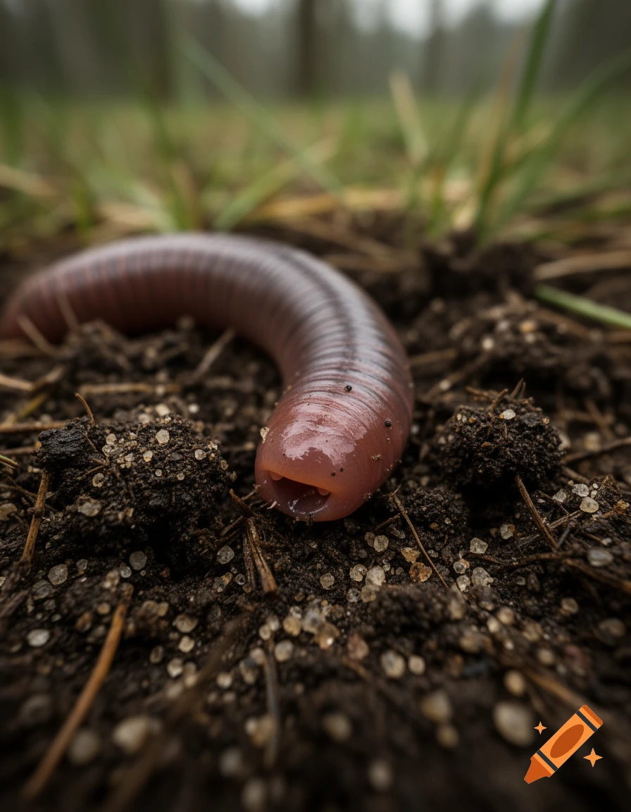 Close-up macro photo of a segmented worm crawling on dark soil and pine needles.