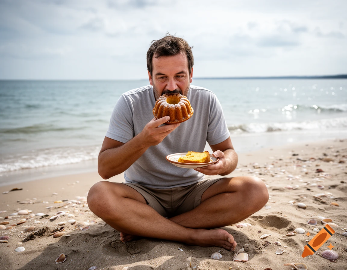 A man sitting cross-legged on a sandy beach eating a small kouglof cake, holding a plate with another piece, with the sea in the background, photorealistic style.