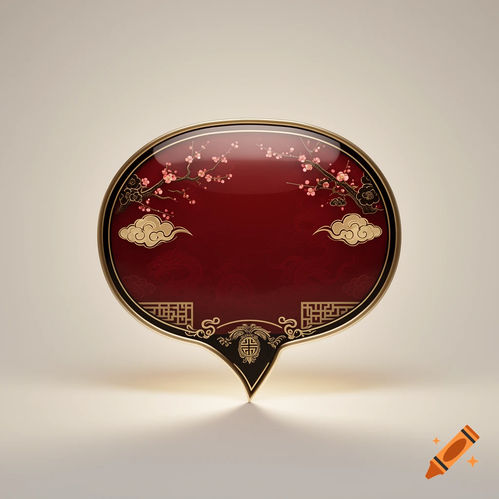 Glossy red and gold speech bubble with Chinese-themed cherry blossom branches and cloud motifs on a neutral background.