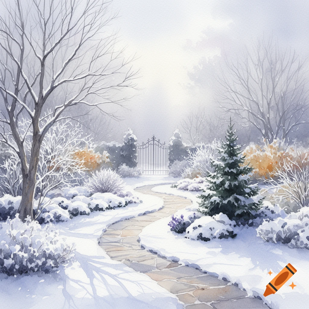 Watercolor painting of a snowy winter garden with a stone pathway leading to a wrought iron gate.
