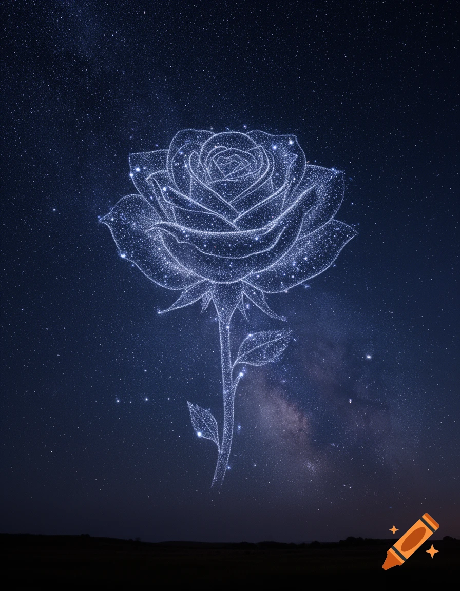 A glowing celestial rose constellation shining against a starry night sky with the Milky Way.