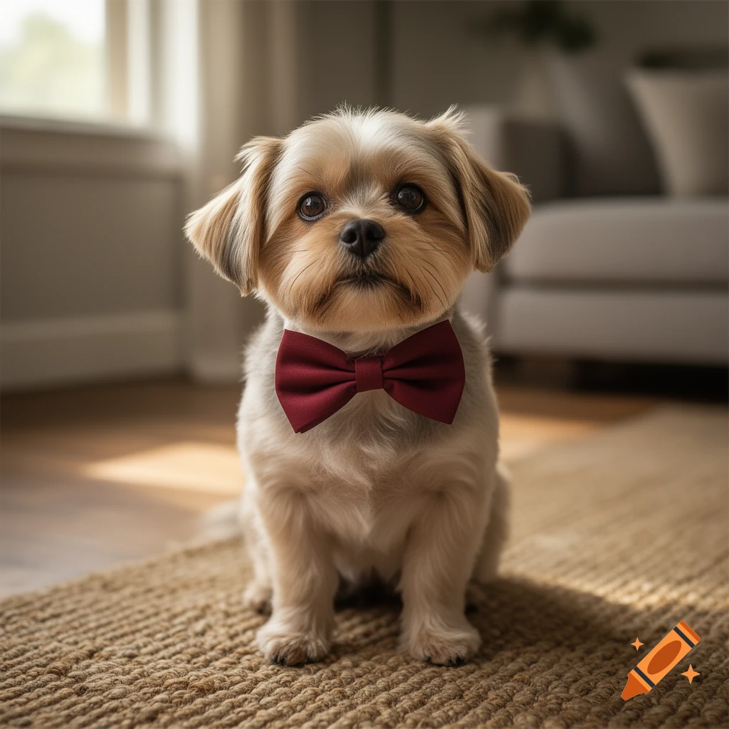 A photorealistic portrait of a small, cute dog sitting on a rug and wearing a dark red bow tie indoors.