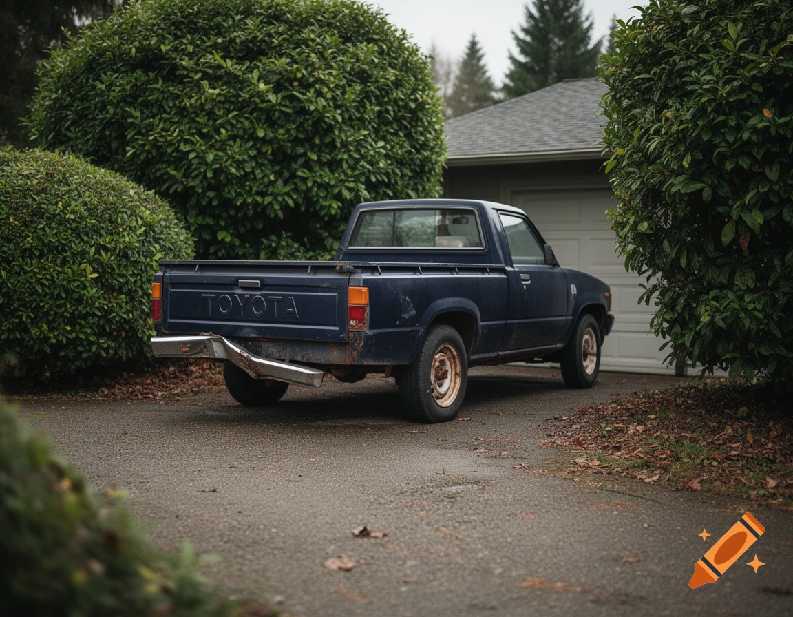 Photorealistic image of a dark blue vintage Toyota pickup truck parked on a driveway with a damaged rear bumper and rusted edges.