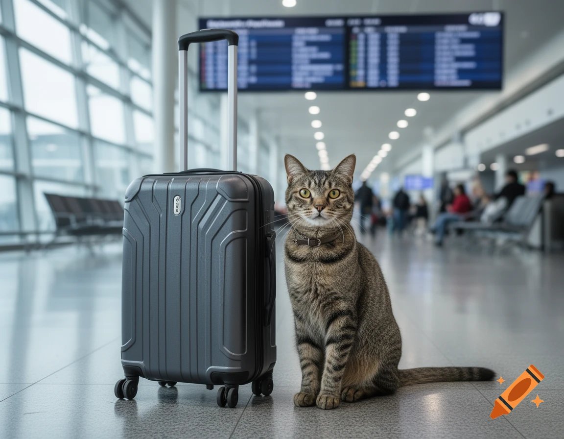 A tabby cat sitting next to a gray suitcase in a brightly lit airport terminal.