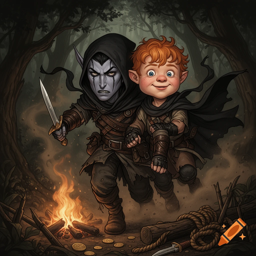 Digital illustration of a fantasy changeling with two distinct faces running through a dark forest, classic D&D art style.