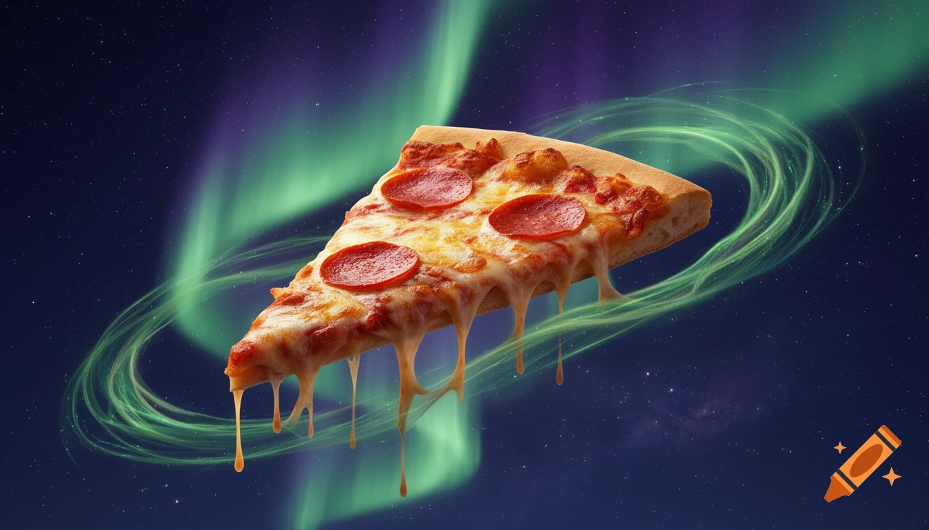 A giant slice of pepperoni pizza with melting cheese floating in a starry night sky with a green aurora borealis, digital art.