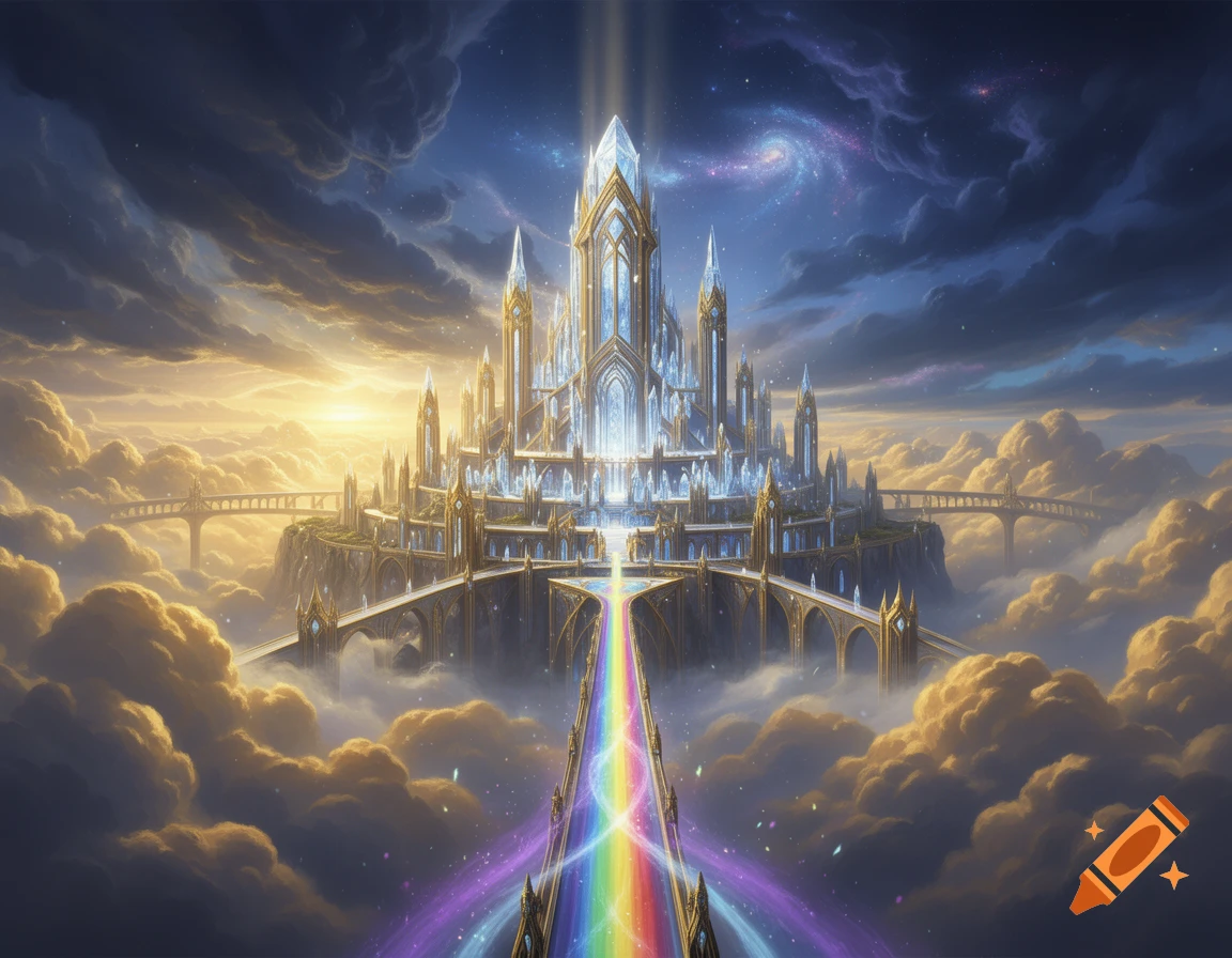Digital painting of a majestic crystal and gold fantasy castle in the clouds with a glowing rainbow bridge.