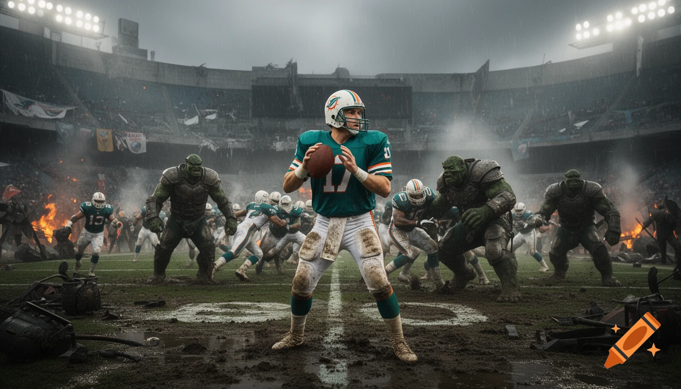 Photorealistic action shot of a football player in a Miami Dolphins uniform playing football against armored orcs in a battle-torn stadium.