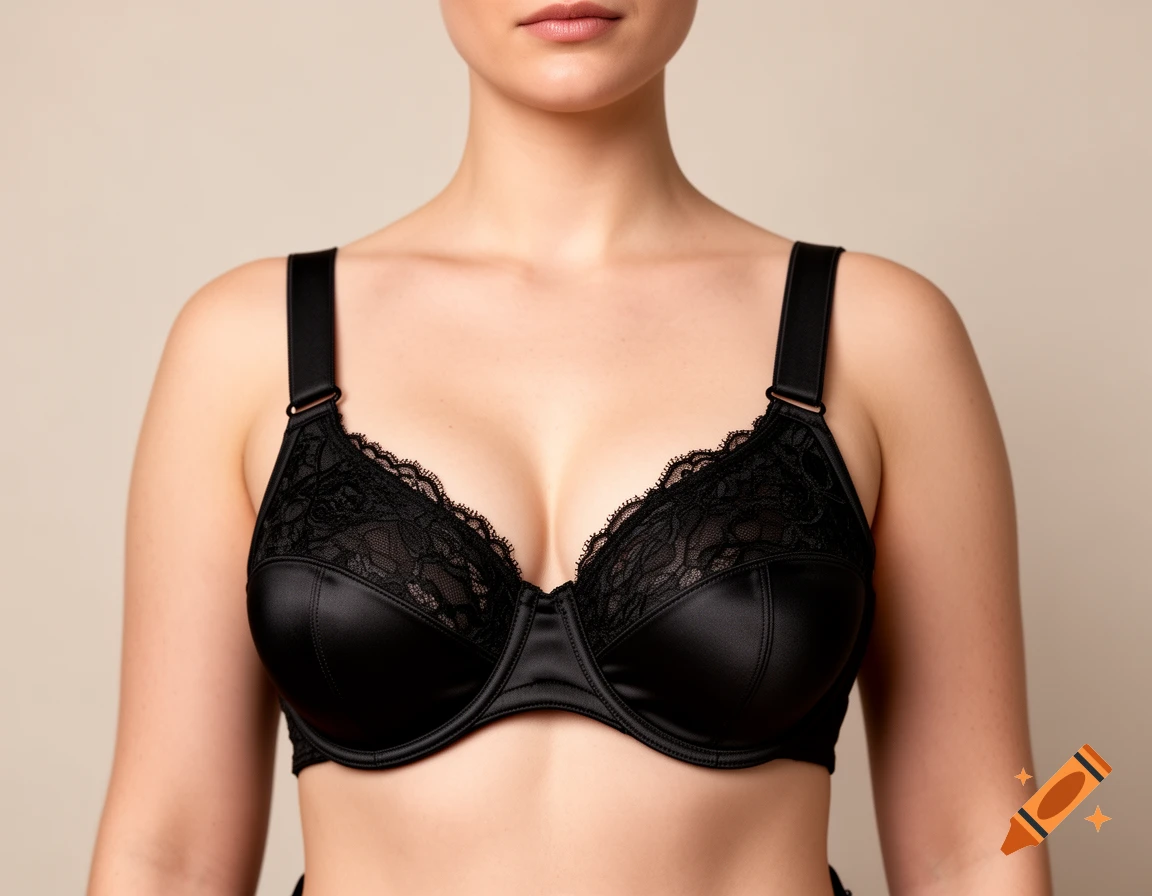 Close-up photorealistic image of a person wearing a black lace and satin bra against a neutral background.