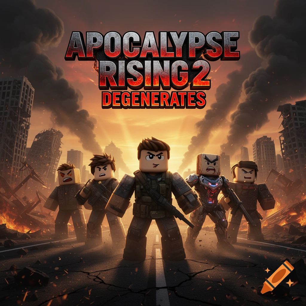 Five Roblox-style characters in tactical gear standing on a destroyed road amid a burning cityscape, with the text 'APOCALYPSE RISING 2 DEGENERATES' above.