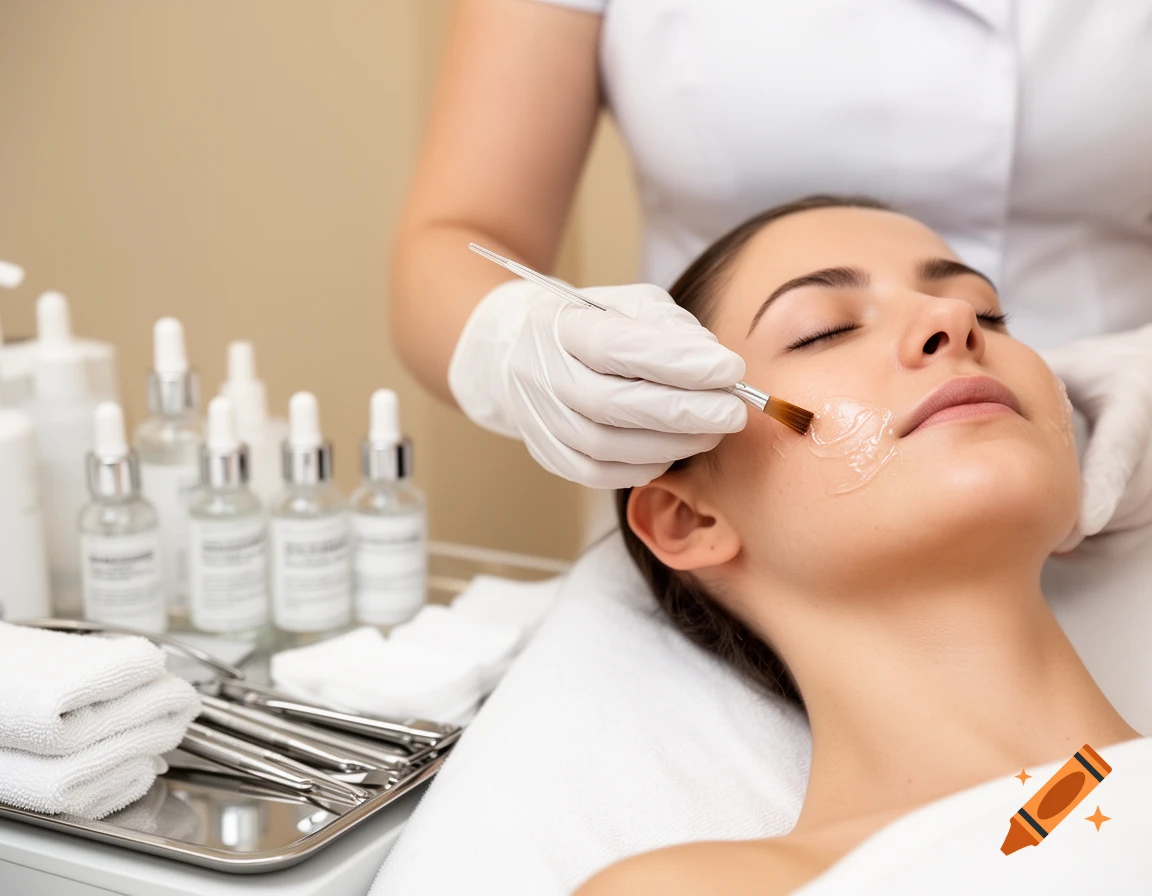 Photorealistic image of a cosmetologist applying a facial treatment with a brush to a woman's face in a spa.