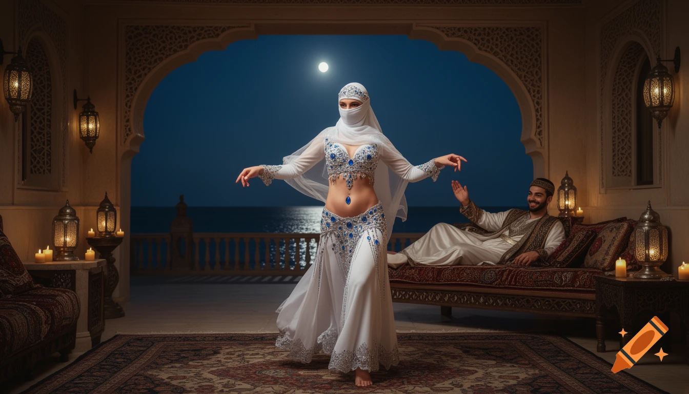 Photorealistic scene of a belly dancer in a white niqab and jeweled costume dancing for a reclining prince in an Arabian room with ocean view.