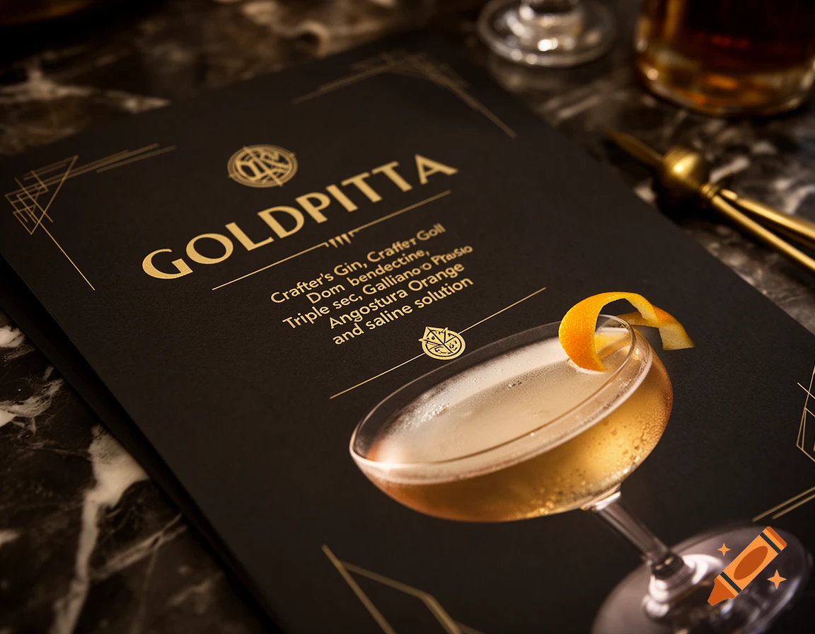 Close-up of a black cocktail menu with gold text and a coupe glass filled with a gold drink and orange peel garnish.