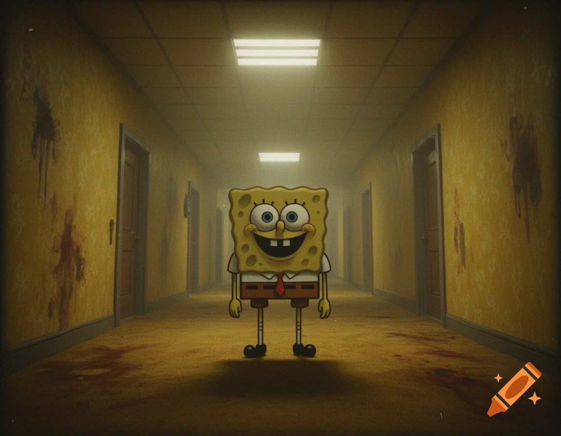 SpongeBob SquarePants standing in a creepy, yellow-walled hallway reminiscent of the backrooms, with bloody smudges on the walls.
