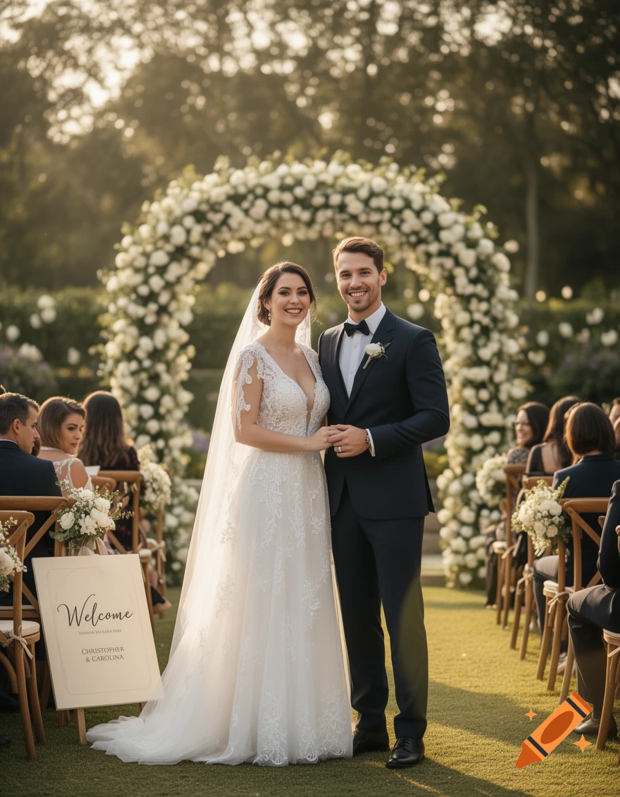 Photorealistic wedding scene with a bride and groom standing before a floral arch, holding hands and smiling.