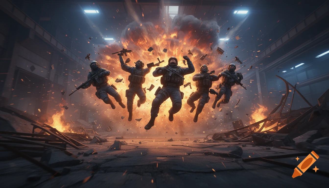 Five counter-strike style soldiers in tactical gear flying through the air from a massive explosion inside an industrial warehouse.