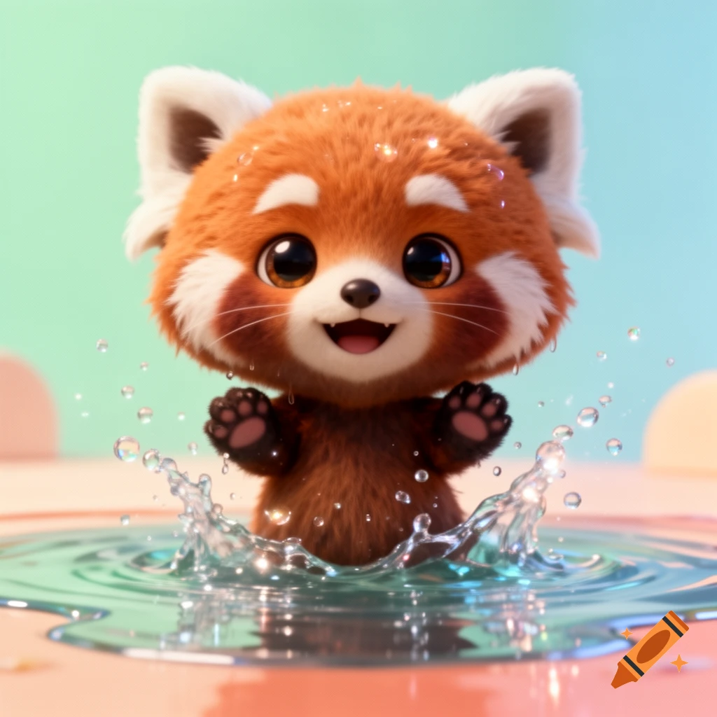 A cute chibi red panda with a huge head splashing in a puddle of water, 3D Pixar style.