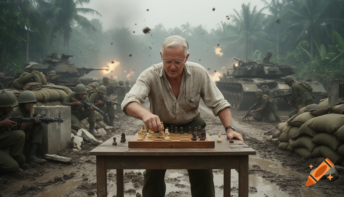 Photorealistic image of a man playing chess on a table in the middle of a chaotic Vietnam War gunfight.