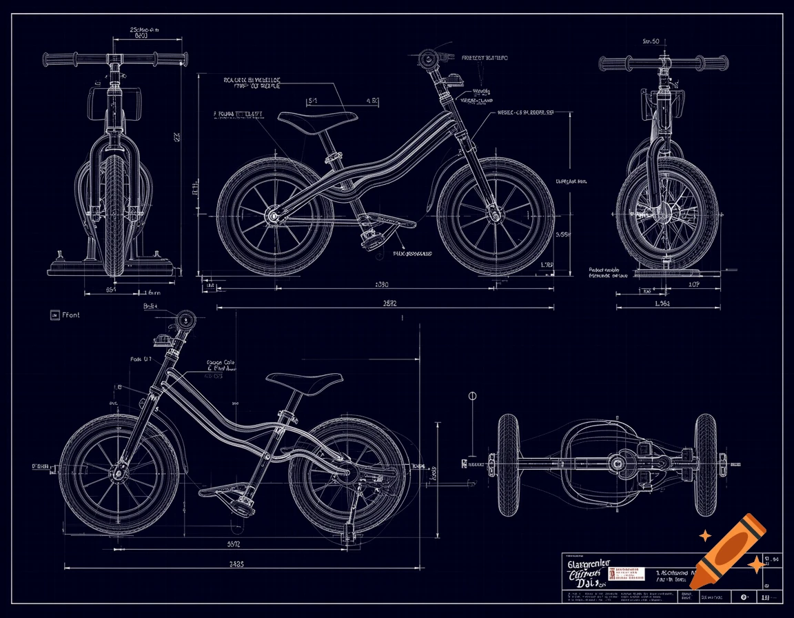Industrial engineering blueprint of a children's balance bike in dark blue with white line-art and technical labels.