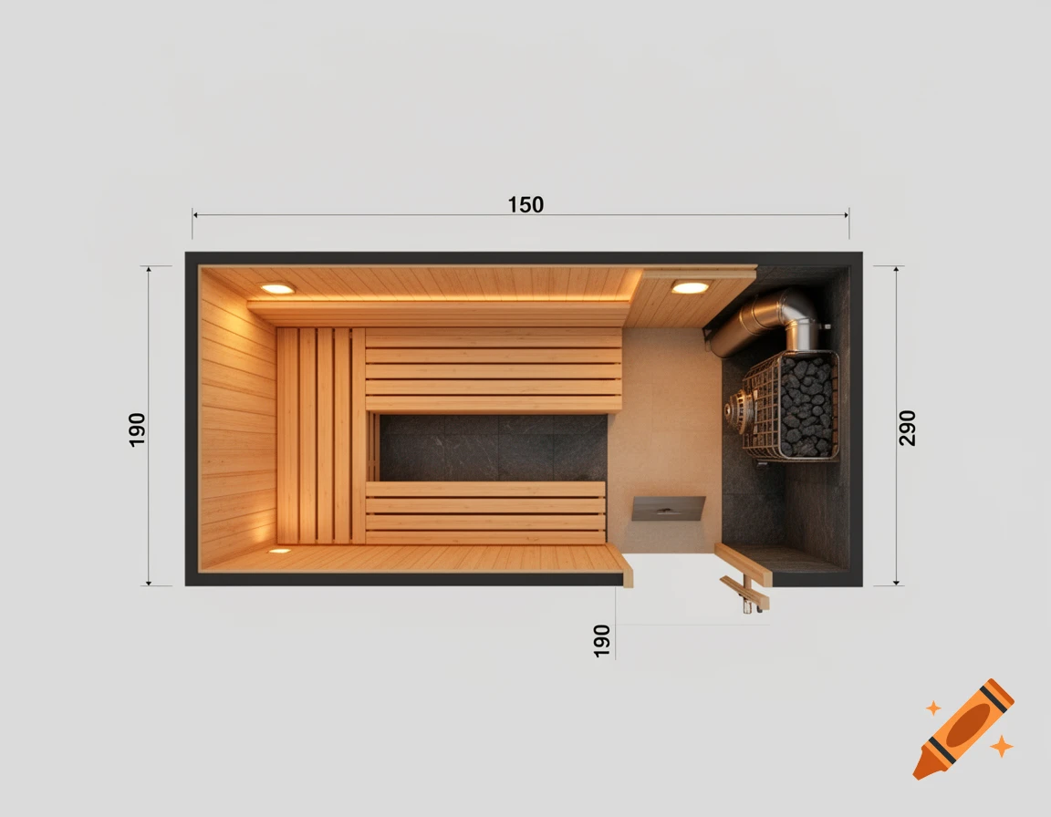 Top-down architectural 3D rendering of a modern wooden sauna interior with dimensions and layout.