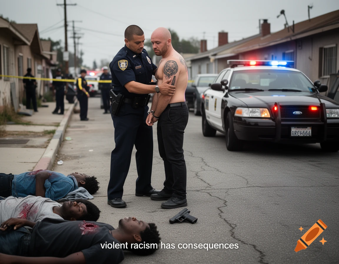 An LAPD officer handcuffs a shirtless man on a suburban street while dead bodies lie on the ground, photorealistic.