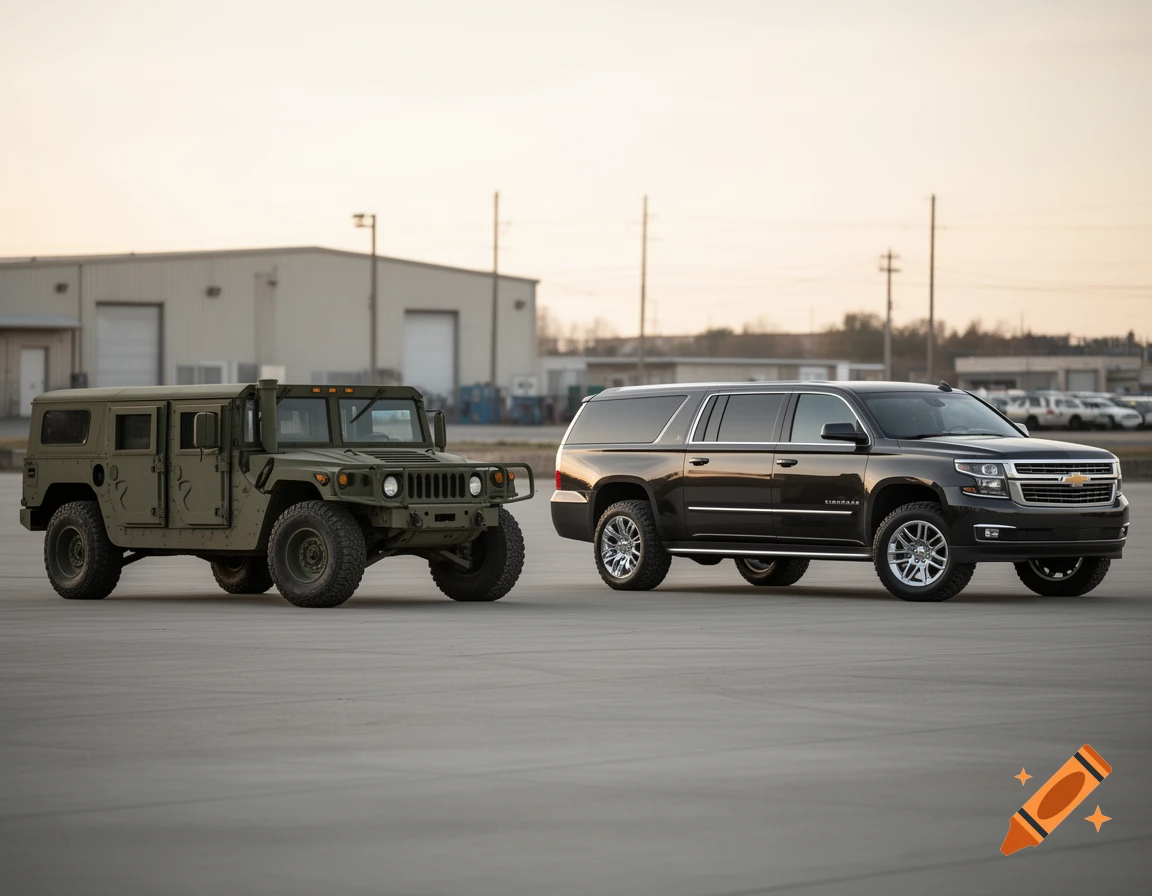 Photorealistic image of a green military-style Humvee and a modern black Chevrolet Suburban parked on concrete.