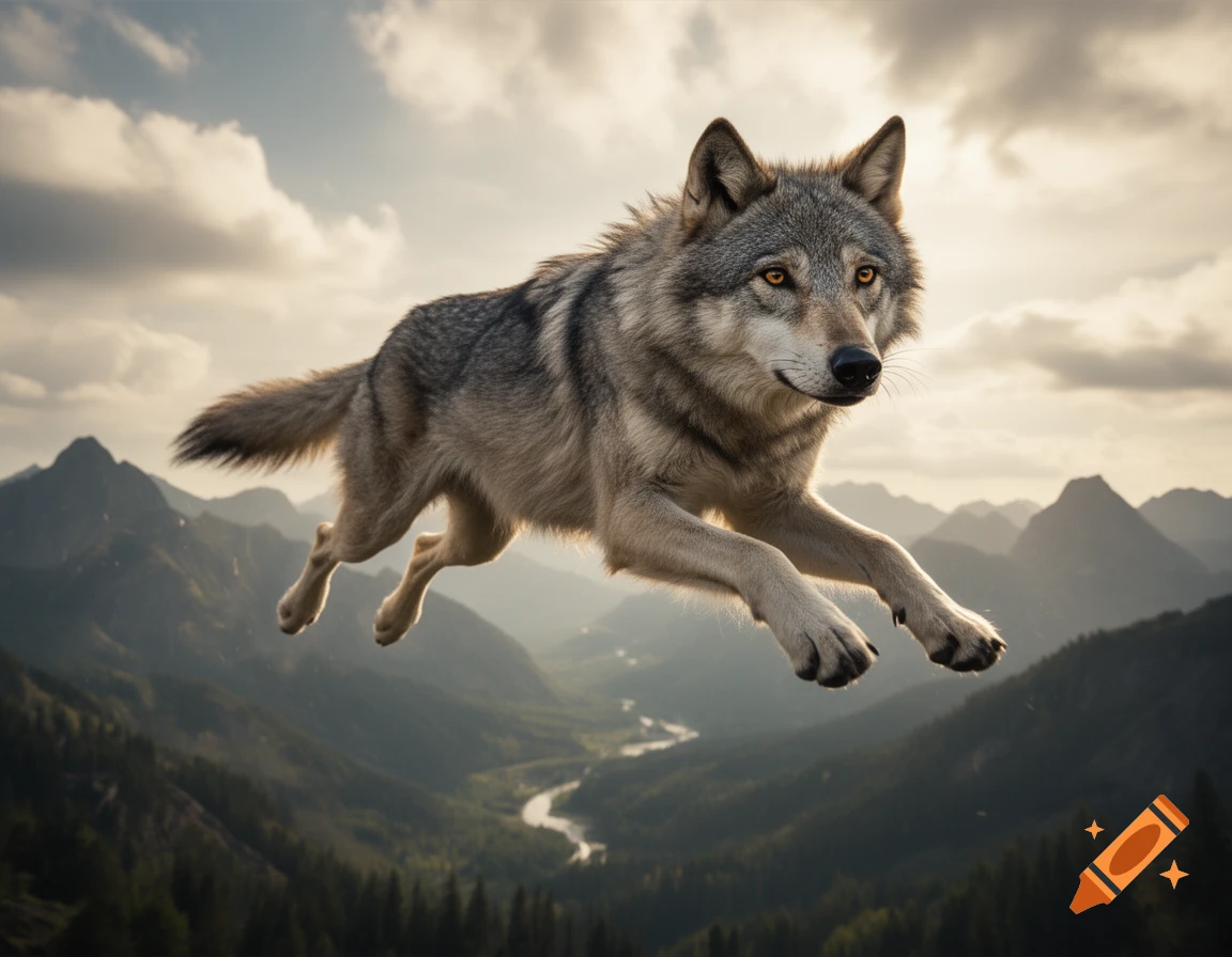Photorealistic gray wolf flying over a mountainous landscape with a winding river.