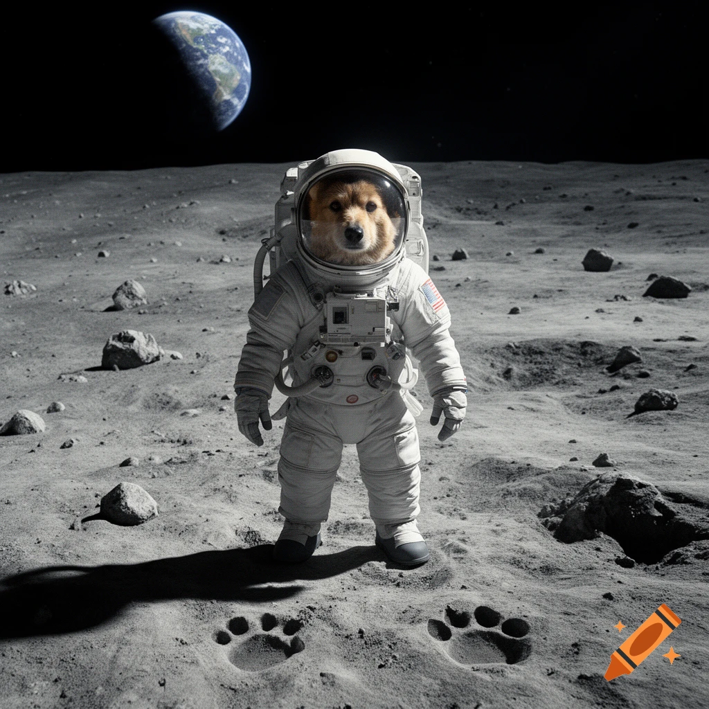 Photorealistic image of a dog wearing an astronaut suit standing on the moon's surface, with Earth visible in the black sky.
