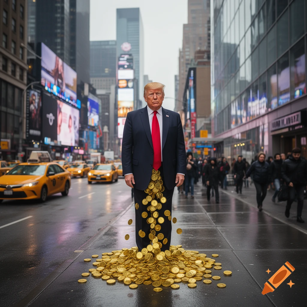 Photorealistic image of Donald Trump standing on a New York City street with a pile of gold coins at his feet.