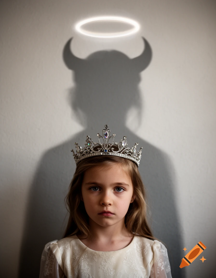 Photorealistic portrait of a young girl wearing a tiara, with her shadow casting a halo and devil horns on the wall.