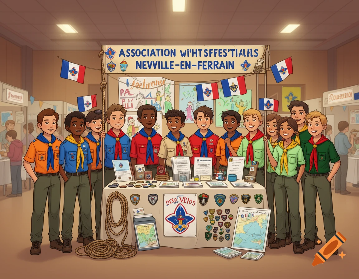Digital illustration of a diverse group of scouts posing behind a convention table with banners and flags.