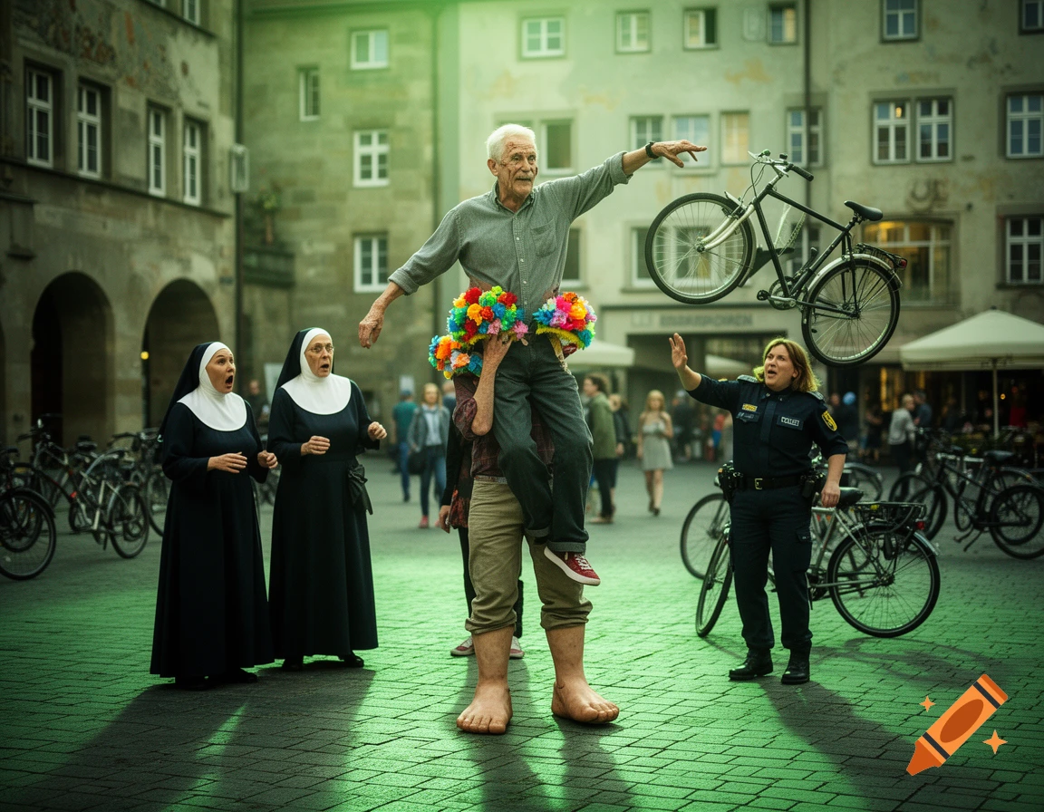 A surreal photorealistic scene in a European town square with a man with giant feet holding a bicycle, two nuns watching, and a police officer.