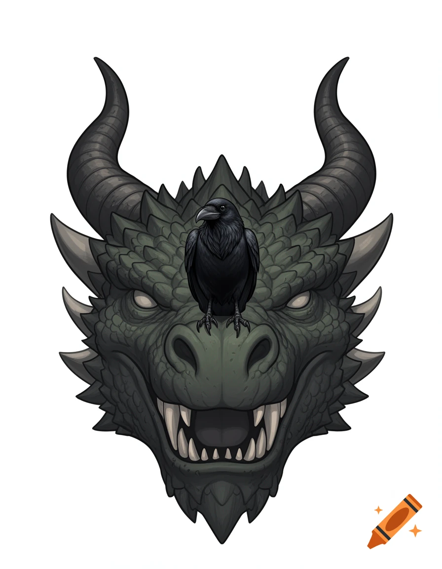 Illustration of a dark green medieval dragon facing forward with a black raven perched on its snout, on a white background.