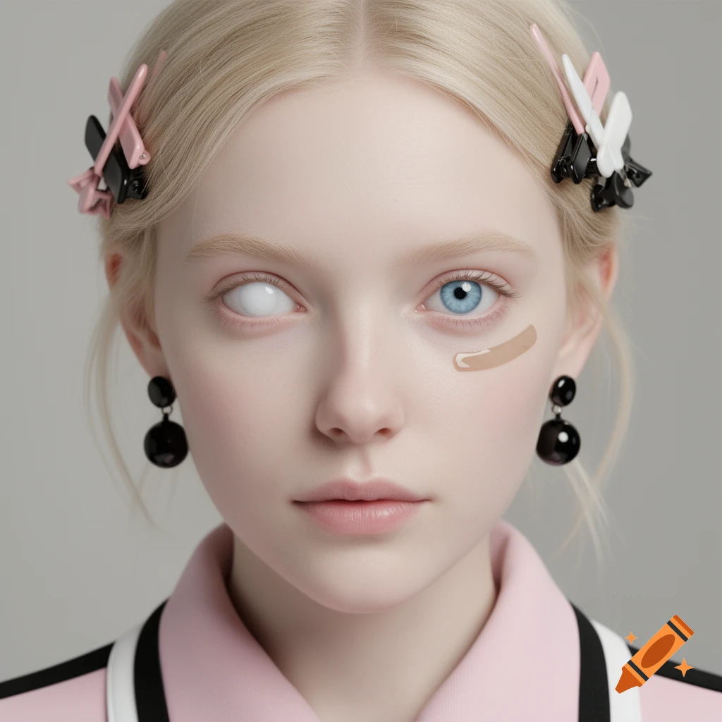 Close-up photorealistic portrait of a blonde woman with one white eye, one blue eye, hair clips, and earrings.
