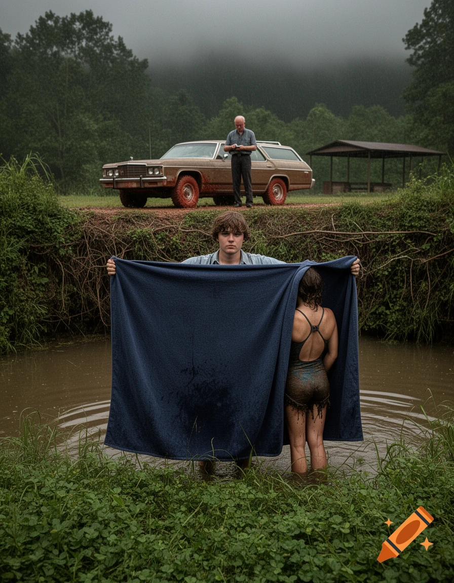 Photorealistic scene of a young man holding a blue towel to shield a girl changing in a rural pond, with an older man and car on a ridge behind them.