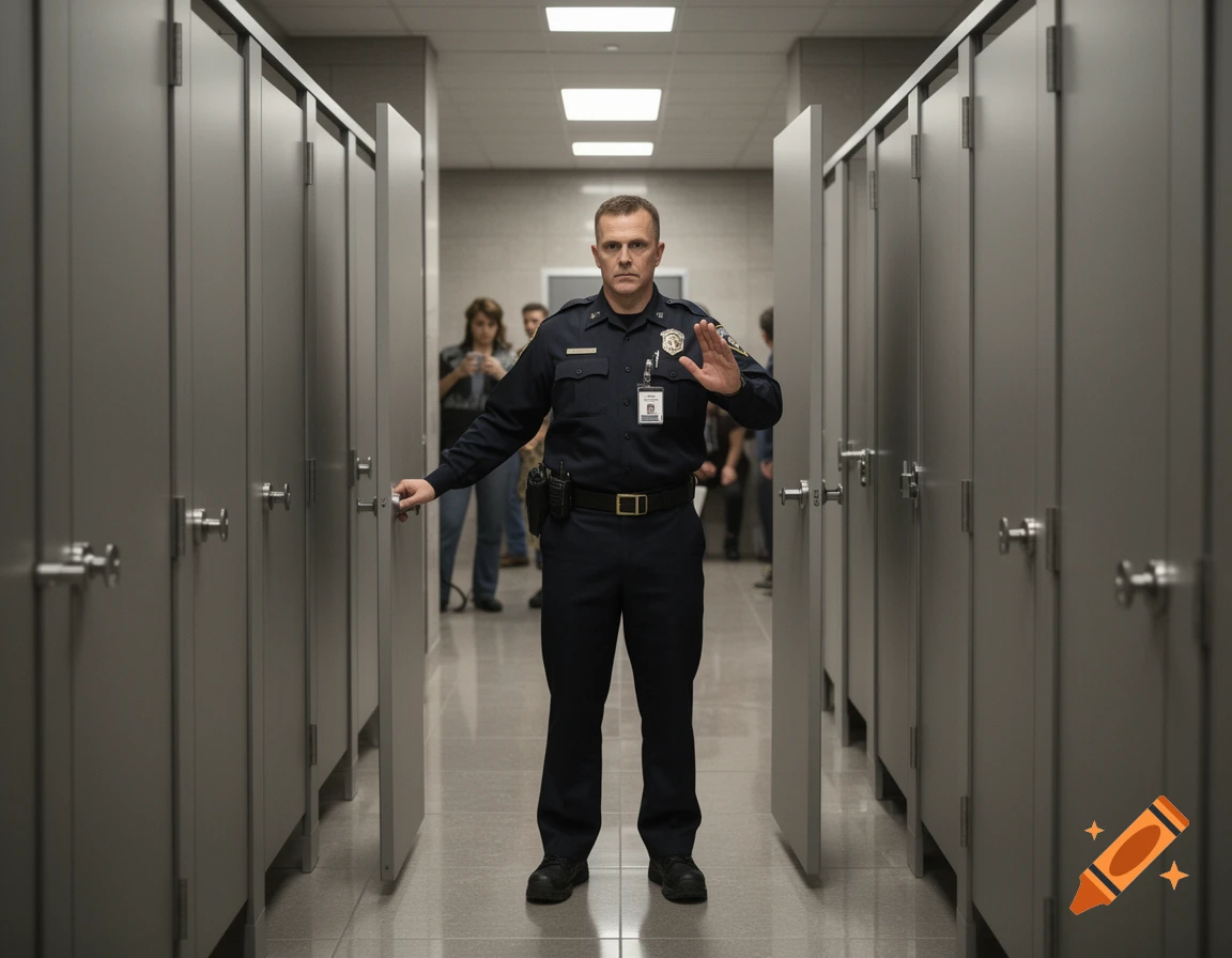 A security guard in a dark uniform standing in a hallway between rows of restroom stalls, holding his hand up to block entry.